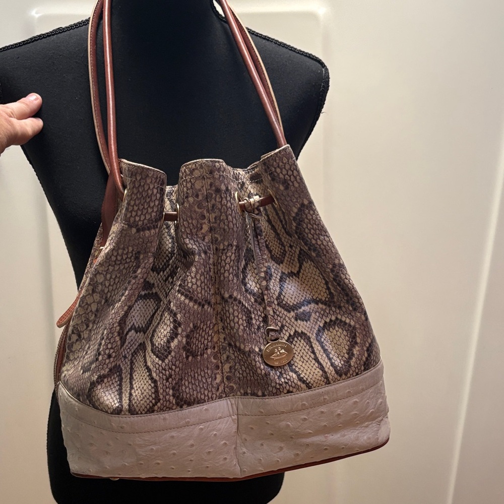 Brahmin Brown Snake-ostrich Drawstring Shoulder Bag with Cream Base